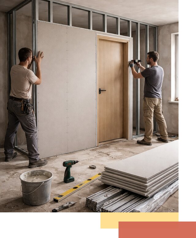 Перегородка из гипсокартона с дверью под ключ в Сызрани