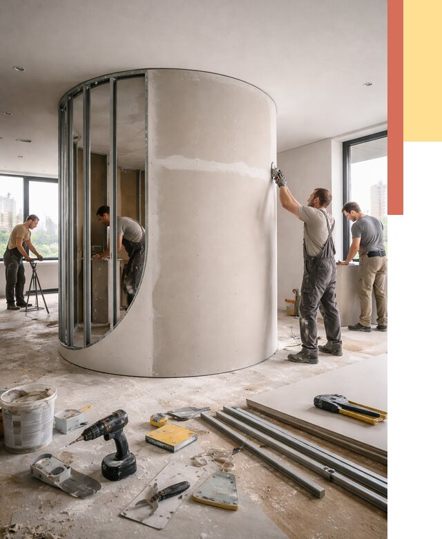 Радиусная перегородка из гипсокартона в Сызрани от 2938 руб. под ключ | ОТДЕЛОЧНИК-Сзр