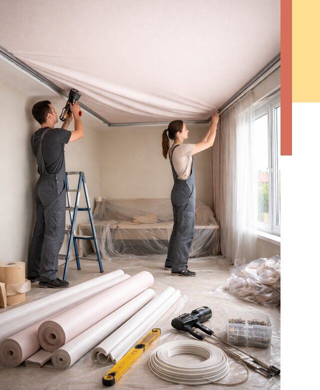 Монтаж цветного натяжного потолка в Сызрани от 4255 руб/м² — быстро и недорого | ОТДЕЛОЧНИК-Сзр