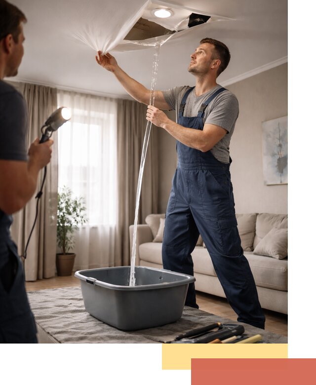 Слив воды с натяжного потолка в Сызрани быстро и аккуратно