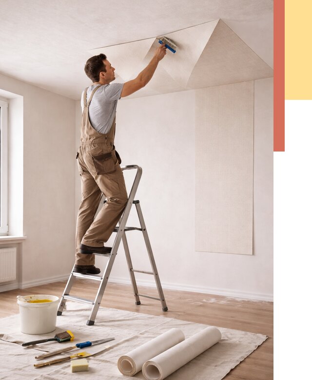 Поклейка обоев на потолок в Сызрани от 4559 руб. быстро и недорого | ОТДЕЛОЧНИК-Сзр